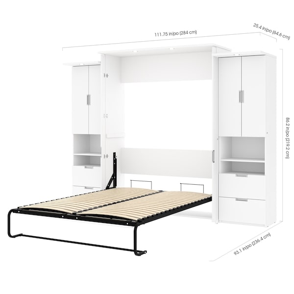 Lumina 112W Queen Murphy Bed and 2 Storage Cabinets (113W), White